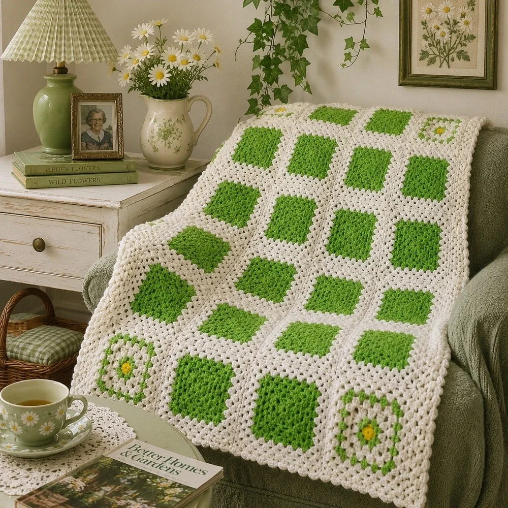 VTG Handmade Crochet Granny Square Afghan Blanket Throw 70x44 Green White Cream